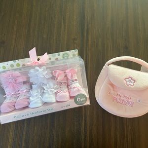 BABY GIRL SOCK AND HEADBAND SET + MY FIRST PURSE CUTE FASHION FALL 0-12 MONTHS
